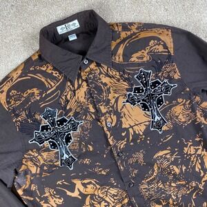 Men's XL Brown Graphic Print Button Down Shirt with Cross Embellishments